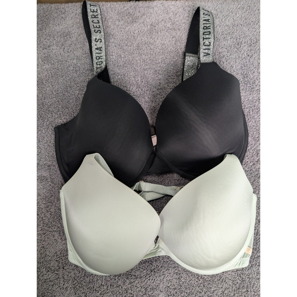 Victoria Secret 2 Pack Push-Up Bras Black Shine Strap & Mint Green 34DDD 7769
